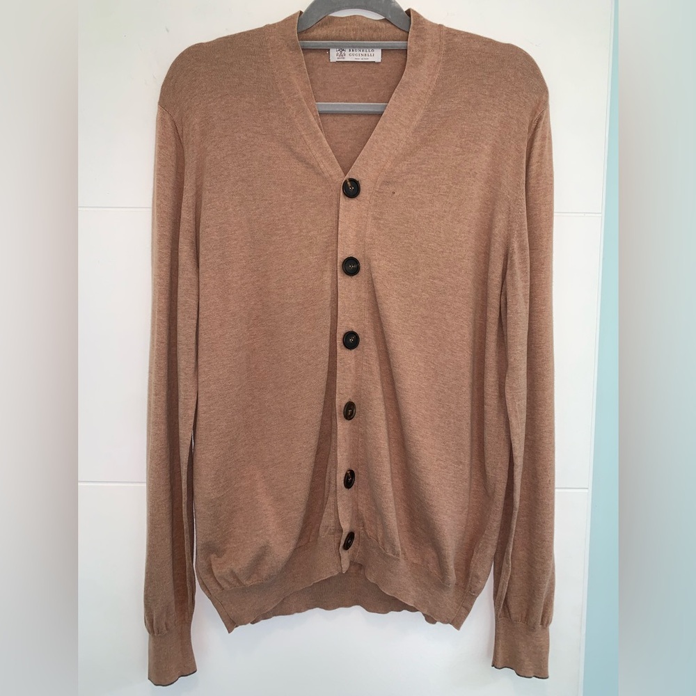 Brunello Cucinelli Men 100% Cotton Knit Tan Button Cardigan Sweater 52 M/ L